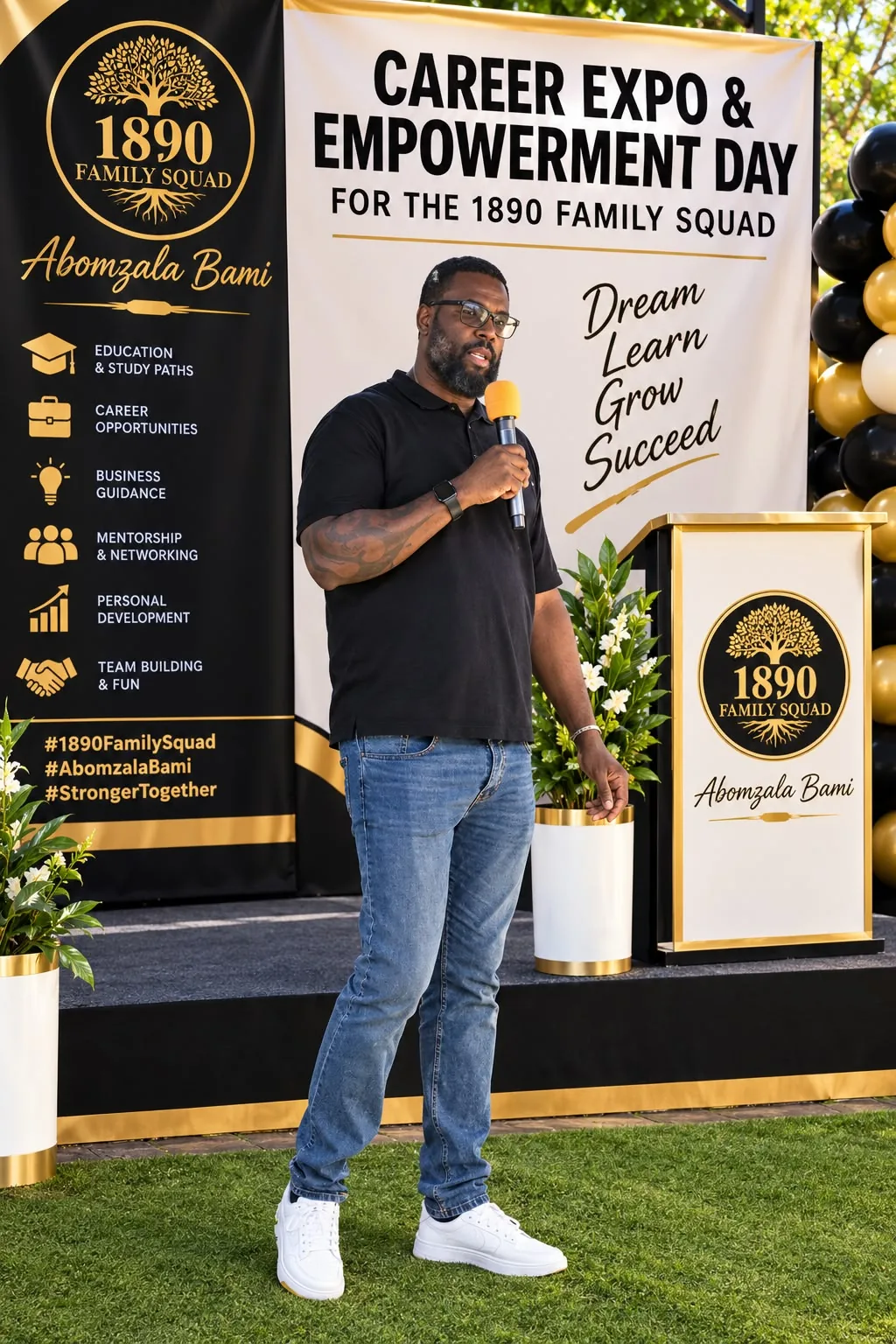 A speaker on stage at the 1890 Family Squad career expo and empowerment day